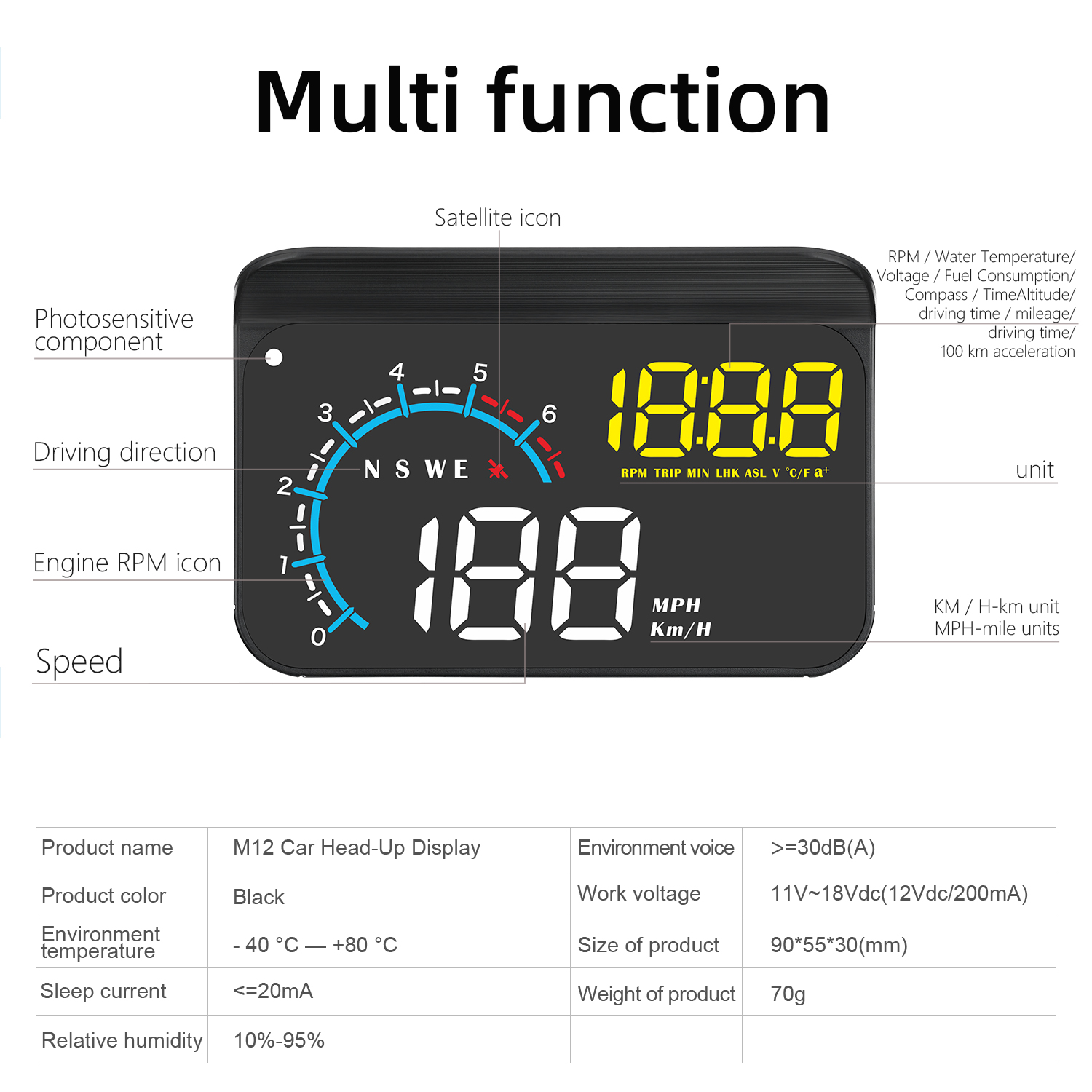 Afficheur tête haute M12 OBD2  - Obd2 Hud Speedometer Projector avis et prix
